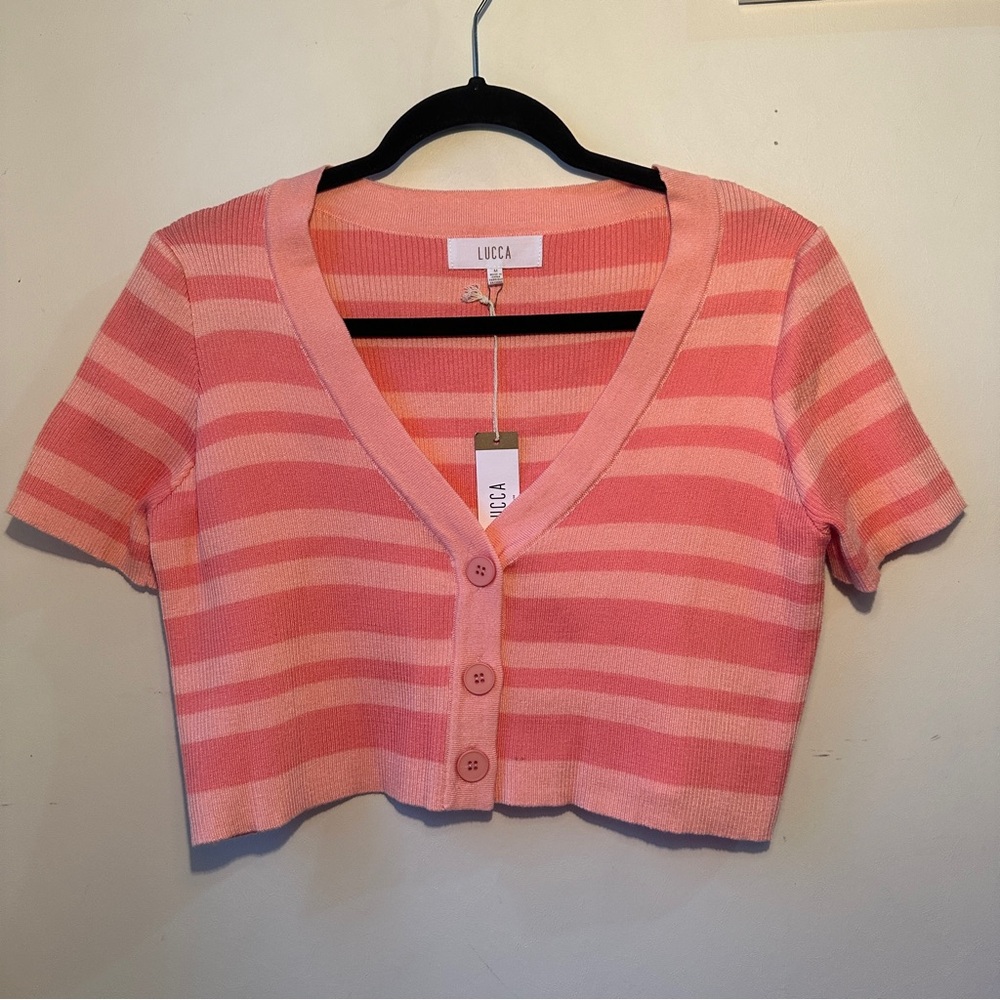 Pink Striped Cropped Button-Front Top